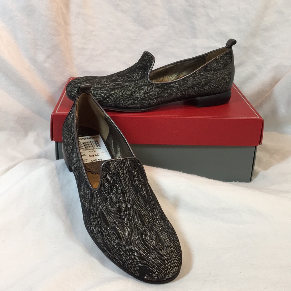 Johnston & Murphy black and silver slip-ons NWT.
